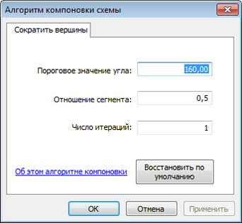 Диалоговое окно алгоритма компоновки схемы со вкладкой свойств алгоритма Сократить вершины (Reduce Vertices) Диалоговое окно алгоритма компоновки схемы со вкладкой свойств алгоритма Сократить вершины (Reduce Vertices)