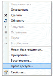 Права доступа в контекстном меню сервера базы данных