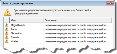 Предупреждения слоя базовой карты в диалоговом окне Начать редактирование (Start Editing)