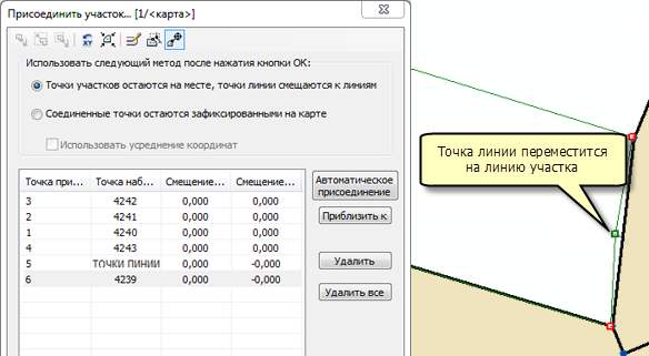 Точки линии перемещаются на линии участка