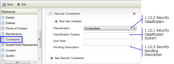 Resource Constraints page: Security Classification, Classification System, and Handling Description