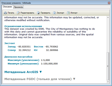 Полные метаданные элемента отображаются под кратким описанием