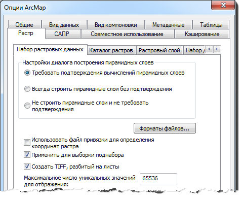Опции набора растровых данных