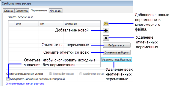 Вкладка Переменные в Свойствах типа растра