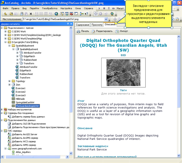 Вкладка описания элемента используется для просмотра метаданных в ArcCatalog