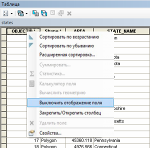 Контекстное меню Выключить отображение поля (Turn Field Off) в окне Атрибуты (Attribute)