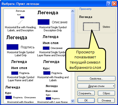 Окно выбора элемента легенды