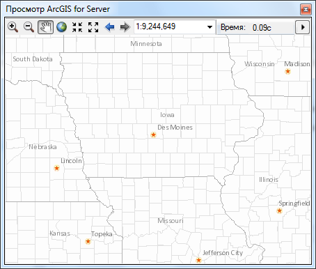 Окно предварительного просмотра ArcGIS Server