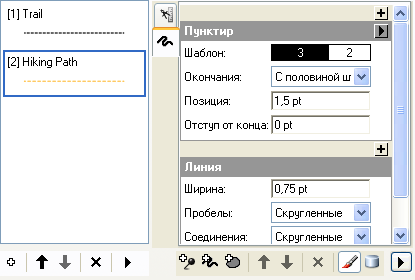 На вкладке Символы (Symbology) выберите правило Hiking Path. Обратите внимание, что это правило представляет собой слой с единым символом штриховки с одним геометрическим эффектом Пунктир (Dashes).