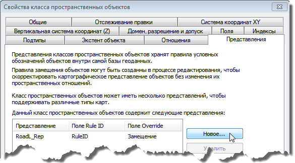 Создание нового представления на закладке Представления (Representations) диалогового окна Свойства класса пространственных объектов (Feature Class Properties) в ArcCatalog