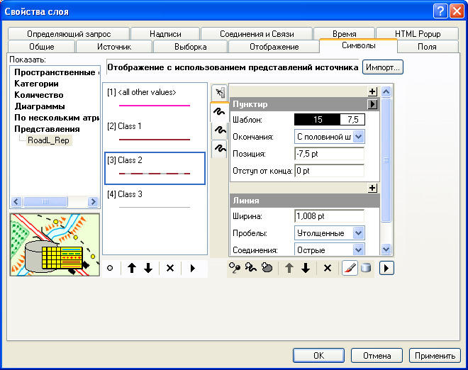 Закладка Символы в свойствах слоя, показывающая слой символов правила представления Class 2