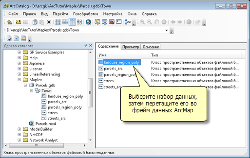 Добавление набора данных из ArcCatalog