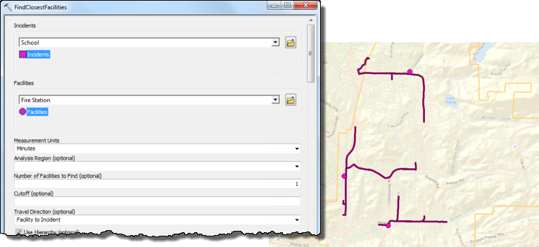 FindClosestFacilities dialog and parameters