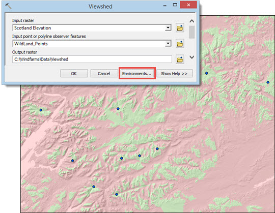 The Viewshed raster displayed over the Hillshade raster