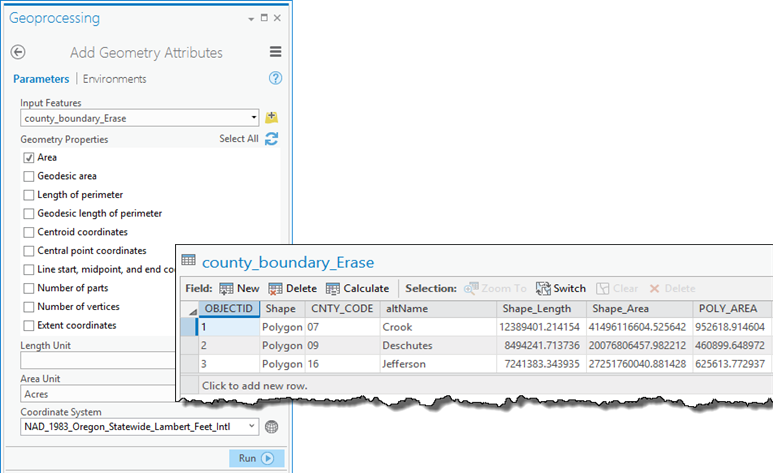 Using Add Geometry Attributes to calculate the amount of private land for each county