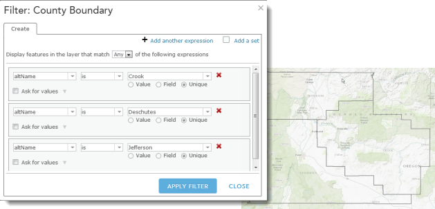 Filter the statewide layer of counties to select the three counties of interest.