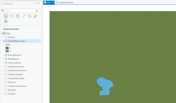 ExistingRegion_new dataset with existing region in blue and green cells assigned a value of zero