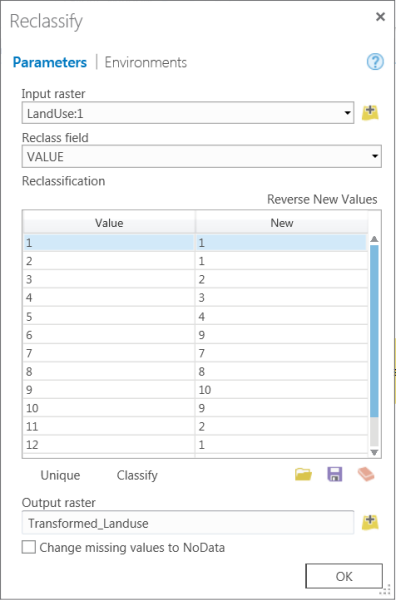 Reclassify tool dialog box with parameters specified