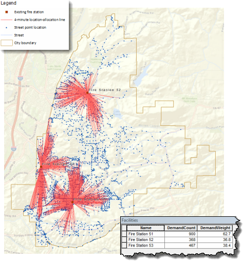 Map showing location-allocation analysis of street segments