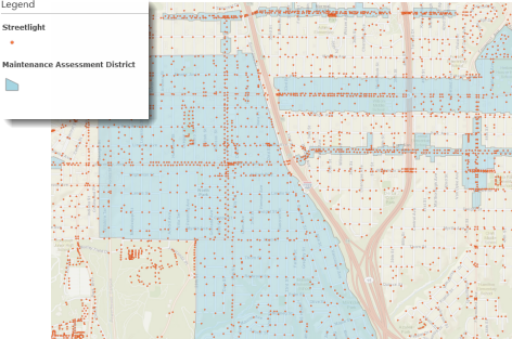 Close-up view showing locations of streetlights with several of the maintenance assessment districts