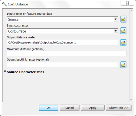 Cost Distance tool dialog box with input parameters specified