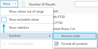 Options for not showing the target tract and reversing the order of the color ramp.