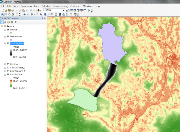 Zoomed to the resulting corridor from Extract by Attribute displayed with Source and Destination over the cost surface