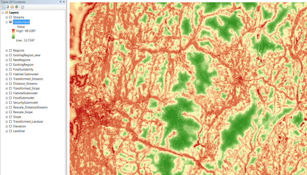 CostSurface layer, with brighter green locations representing lower cost