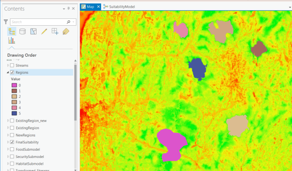 Regions layer displayed over the final suitability surface