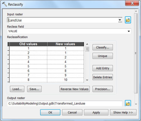 Reclassify tool dialog box with parameters specified