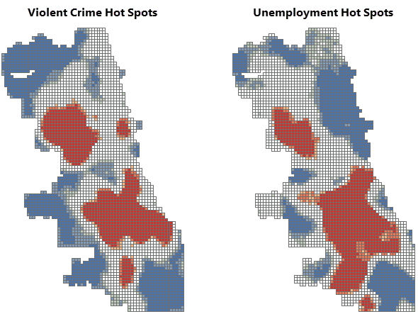 Compare the violent crime and unemployment hot spot maps