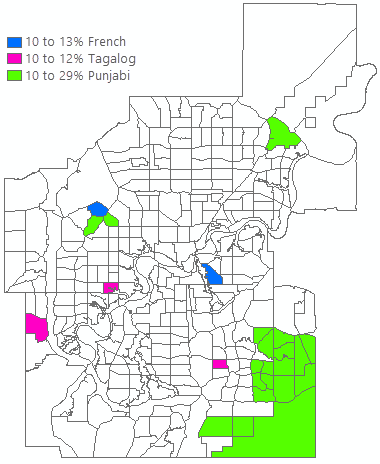 Highest percentages of French, Tagalog and Punjabi