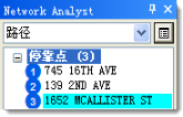 Network Analyst 窗口中显示的三个停靠点