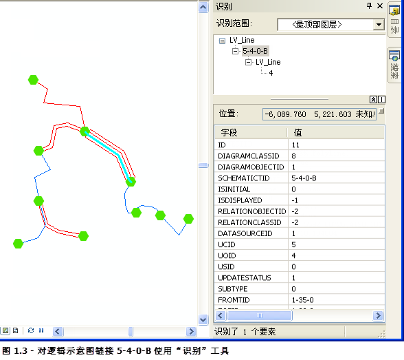 逻辑示意图示例 1，识别 5-4-0-B 逻辑示意图连接线及其初始逻辑示意图连接线