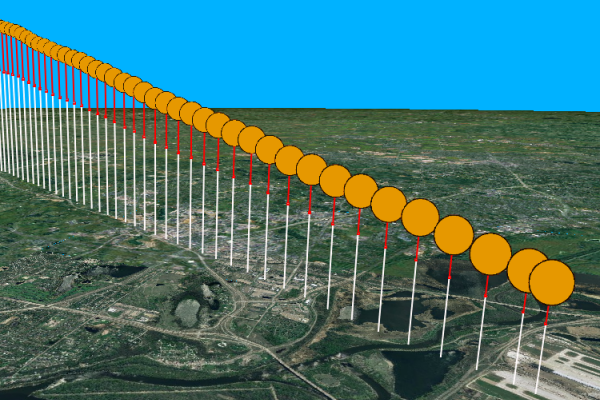 ArcGlobe 中的高架线和牵引线示例