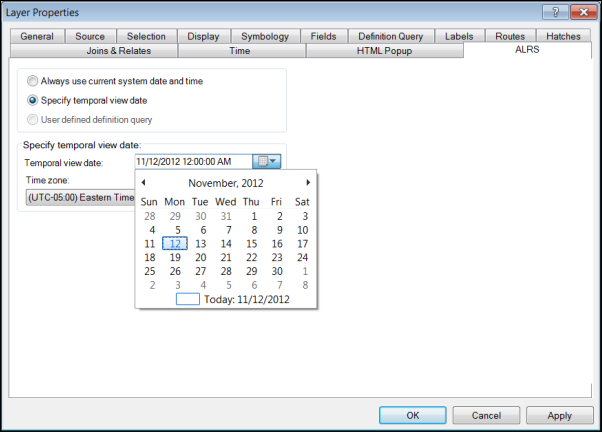 Specify the temporal view date on ALRS tab of the Layer Properties dialog box