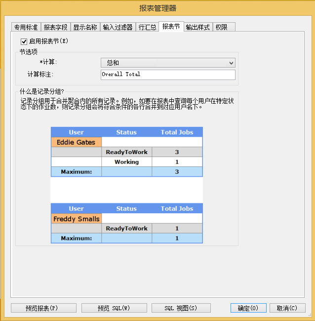 “报表节”选项卡上的“分组/汇总”