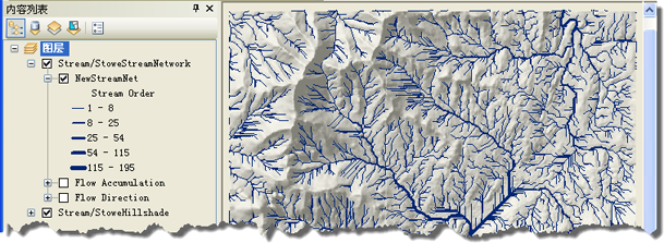 执行了 Create Stream Network 任务之后的 ArcMap