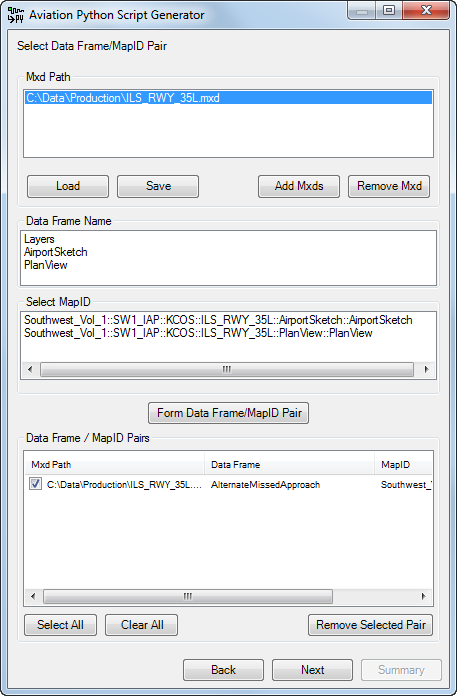 Aviation Python Script Generator wizard with data frame and map ID pairings