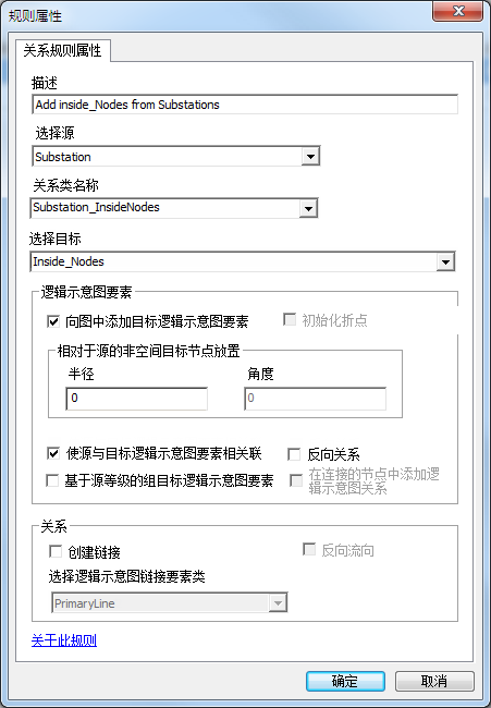 从中指定添加与 Substation 逻辑示意图要素相关联的 Inside_Nodes 的“关系”规则属性页面