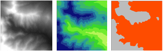 分割为多个类的 Terrain 栅格和重分类为两个类的 Terrain 栅格