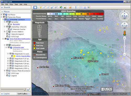 显示在 Google 地球（图片由 Google 地球提供）中的 USGS 地震点、断层线和 ShakeMap KML