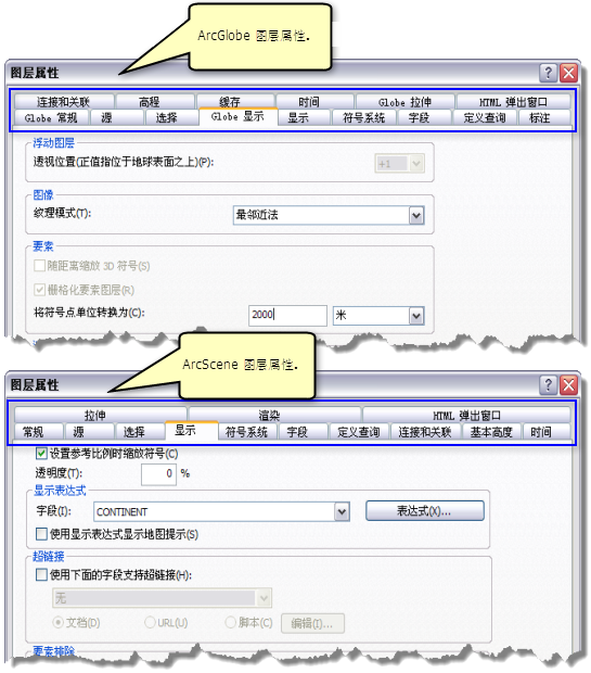 ArcGlobe 和 ArcScene 的图层属性对话框