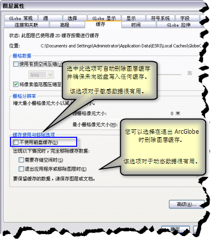 ArcGlobe 图层的缓存删除选项。