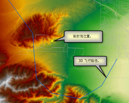 在地形上，经过高射炮附近的飞行路径的 2D 视图