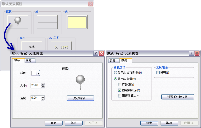 标记图形元素的“默认元素属性”，里面显示着“符号”选项卡和“效果”选项卡设置。