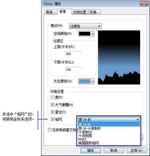 用于背景显示设置的 ArcGlobe 属性对话框