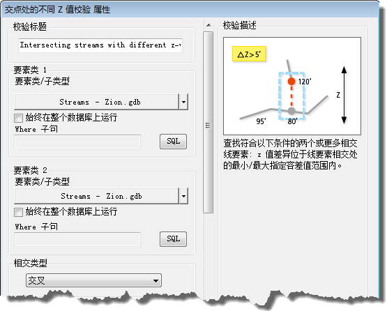 交点处的不同 Z 值校验属性对话框