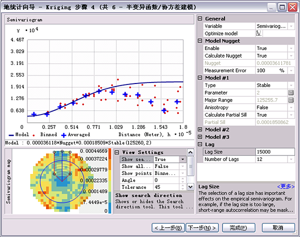 地统计向导 - 克里金步骤 4（共 6 步）- 对话框中“显示搜索方向”设置为 True。
