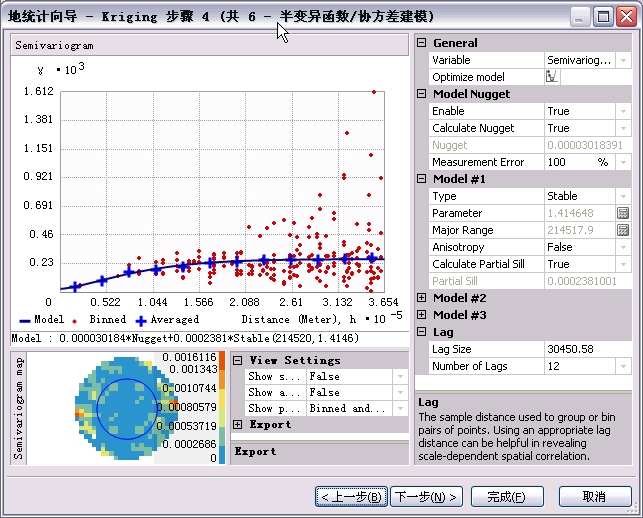 地统计向导的克里金法步骤 4（共 6 步）-“半变异函数/协方差建模”对话框
